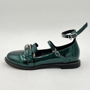 YDN Darkgreen Round Toe Loafers Ankle Strap Buckle Adjustable Low Heel Pumps.